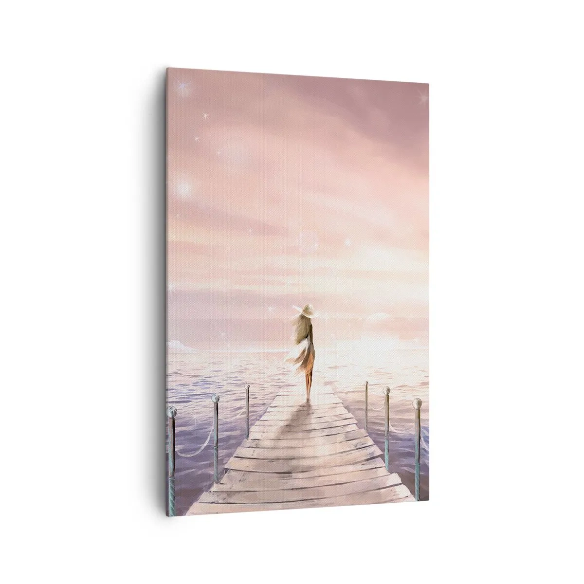 Bild auf Leinwand - Leinwandbild - Eine Frau auf einem Steg in einer magischen Sonnenuntergangskulisse - 80x120cm - Im Licht eines Traums - Moderne Wanddekoration für Wohnzimmer und Schlafzimmer ARTTOR