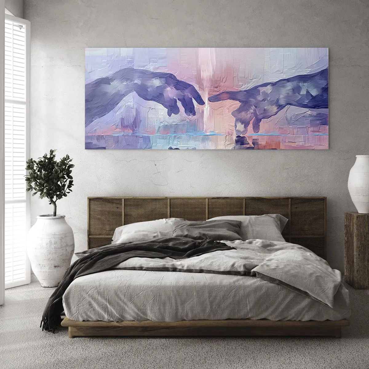 Glasbild - Bild auf glas - Symbolische Hände in abstrakten Farben, die auf das Thema der Schöpfung verweisen - 160x50cm - Göttlicher Funke des Lebens - Moderne Wanddekoration für Wohnzimmer und Schlafzimmer ARTTOR