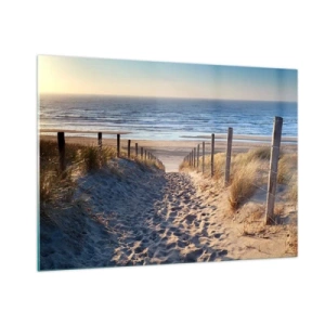 Glasbild - Bild auf glas - Ein Weg durch die Dünen, der zu einem Strand mit ruhigem Meer führt - 100x70cm - Das Rauschen des Meeres, der Gesang der Vögel, ein wilder Strand im Gras ... - Moderne Wanddekoration für Wohnzimmer und Schlafzimmer ARTTOR