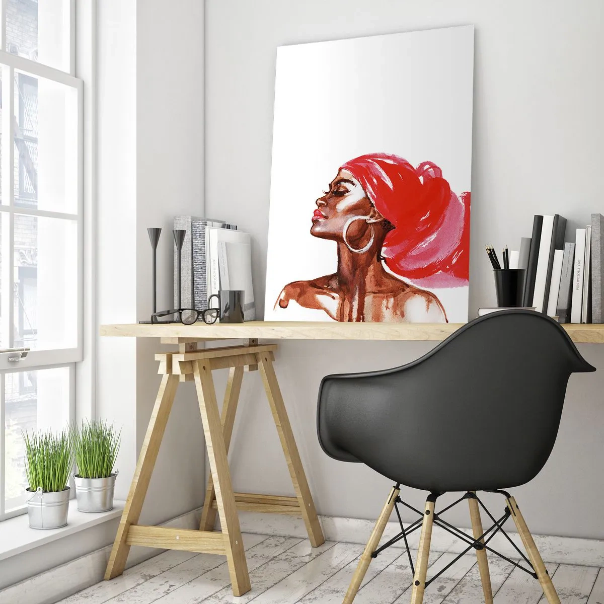 Glasbild - Bild auf glas - Profil einer Frau mit rotem Turban und Ohrringen - 80x120cm - Es weht ein Wind, der die Nase eines Mannes öffnet - Moderne Wanddekoration für Wohnzimmer und Schlafzimmer ARTTOR