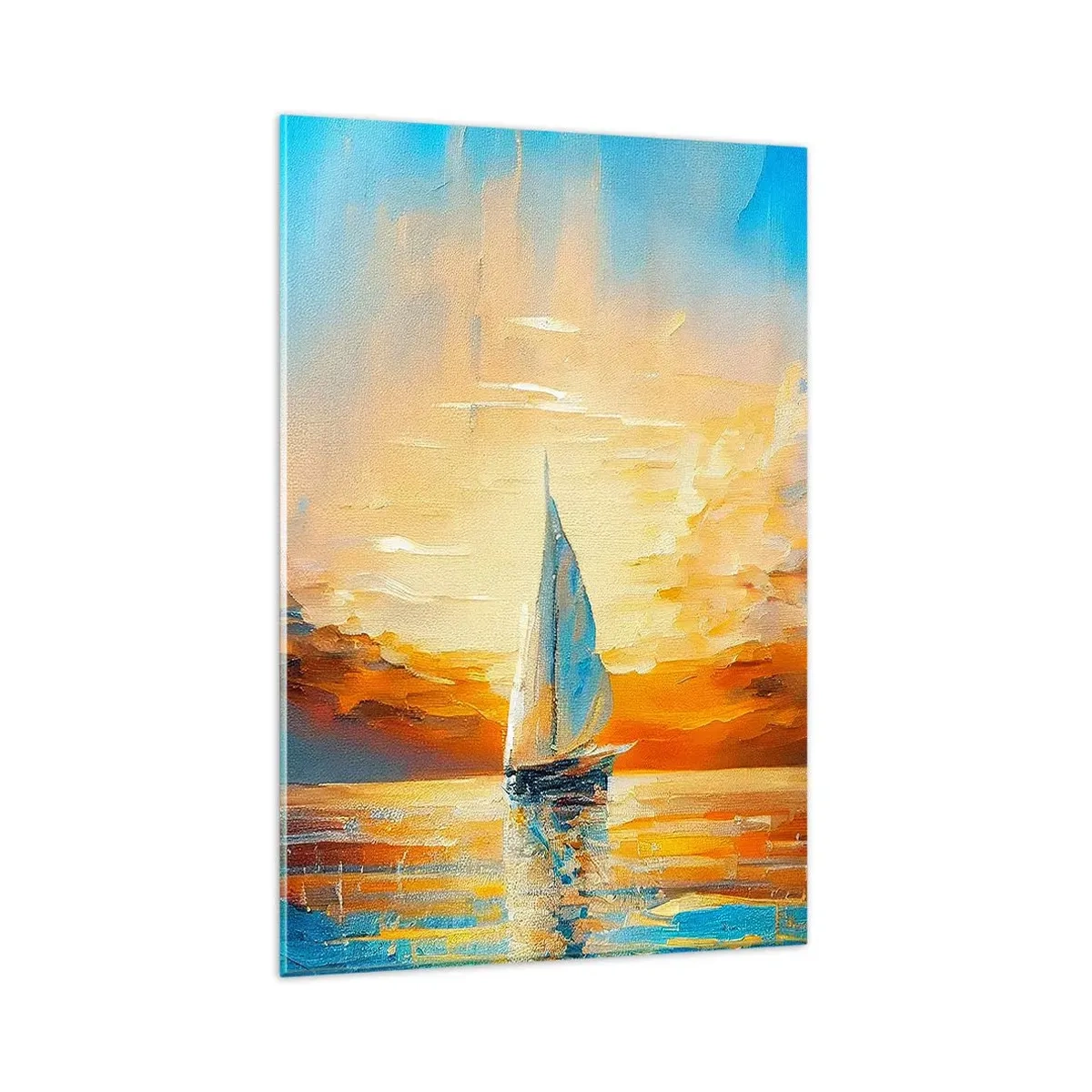 Glasbild - Bild auf glas - Ein Segelboot vor der Kulisse der untergehenden Sonne und bunten Wolken - 80x120cm - In Gold segeln - Moderne Wanddekoration für Wohnzimmer und Schlafzimmer ARTTOR