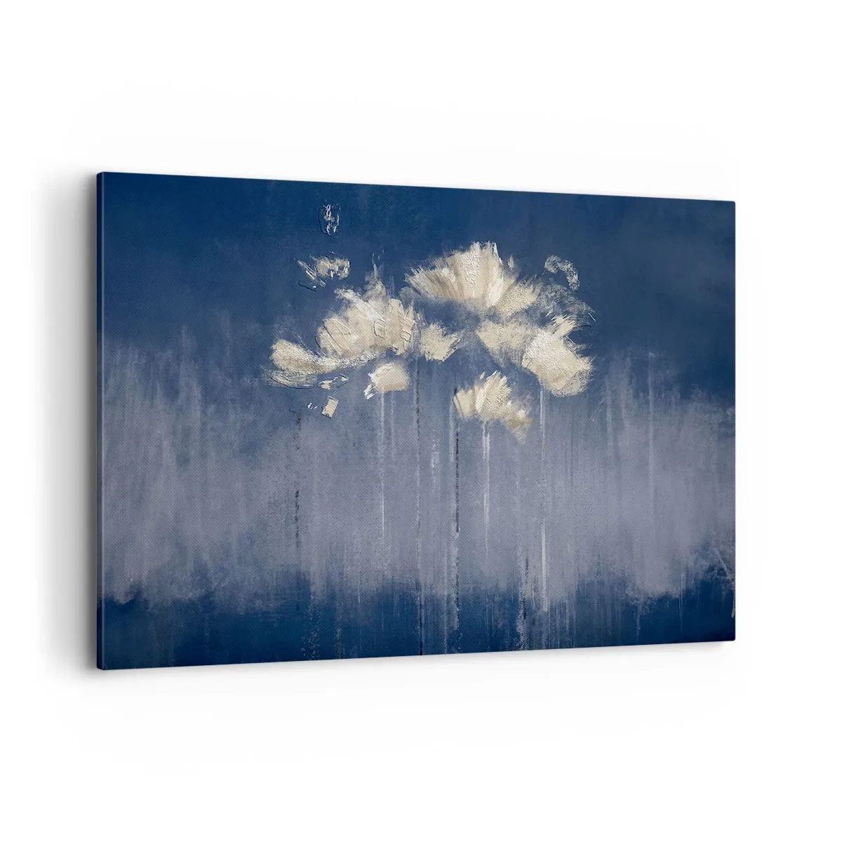 Bild auf Leinwand - Leinwandbild - Zarte Blüten auf blauem Hintergrund - 120x80cm - Wie Blütenblätter im Wind - Moderne Wanddekoration für Wohnzimmer und Schlafzimmer ARTTOR