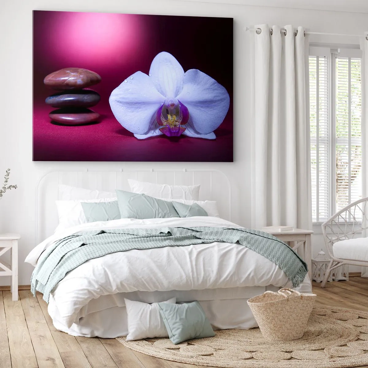 Bild auf Leinwand - Leinwandbild - Weiße Orchidee und Steine auf rosa Hintergrund - 120x80cm - Eine Studie der Frische in Lila - Moderne Wanddekoration für Wohnzimmer und Schlafzimmer ARTTOR