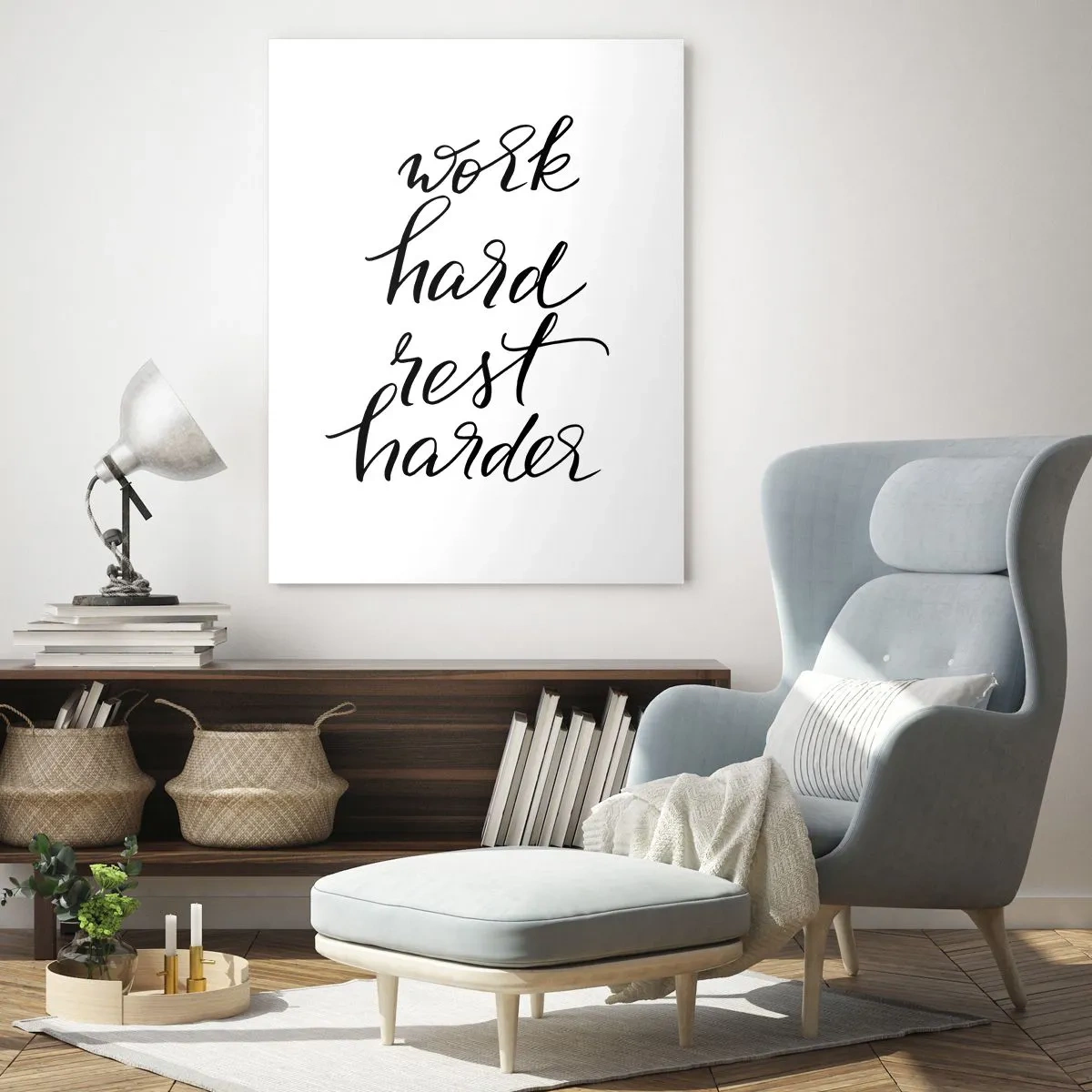 Glasbild - Bild auf glas - Zitat „Arbeite hart, ruhe dich härter aus“ auf weißem Hintergrund - 70x100cm - Lebensbalance - Moderne Wanddekoration für Wohnzimmer und Schlafzimmer ARTTOR