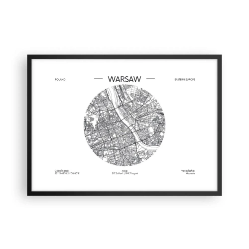 Poster in einem schwarzem Rahmen - Eine Karte von Warschau im minimalistischen Stil - 70x50cm - Anatomie von Warschau - Moderne Wanddekoration für Wohnzimmer und Schlafzimmer ARTTOR
