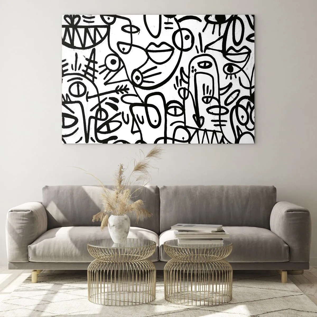 Glasbild - Bild auf glas - Schwarz-Weiß-Abstraktion mit Augen, Gesichtern und Linien - 70x50cm - Gesichter und Luftspiegelungen - Moderne Wanddekoration für Wohnzimmer und Schlafzimmer ARTTOR