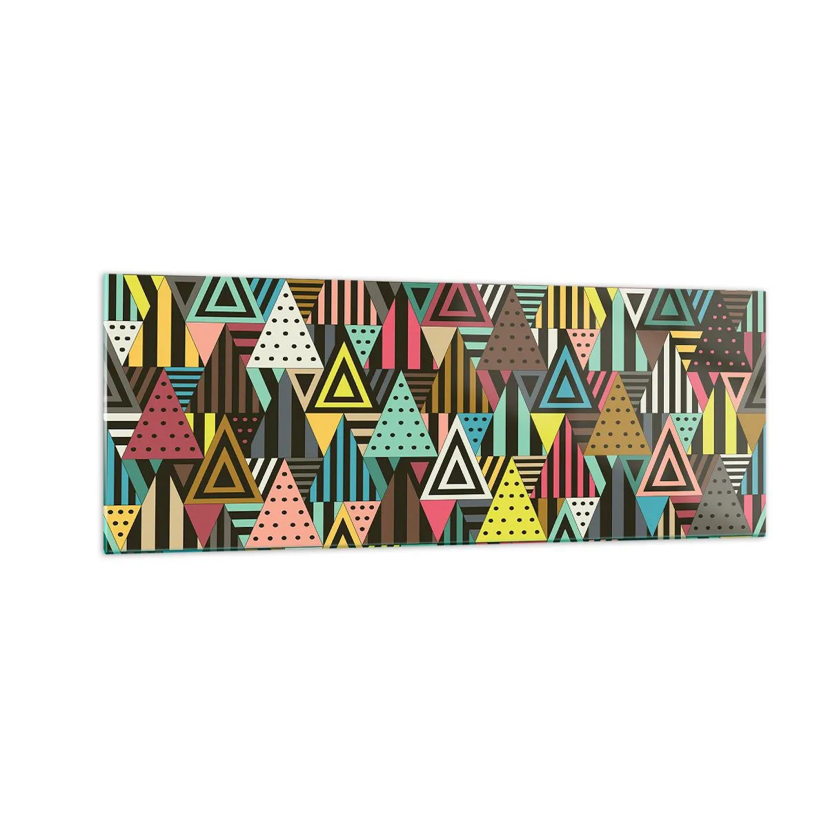 Glasbild - Bild auf glas - Buntes geometrisches Muster mit Dreiecken und Linien - 140x50cm - Im Rhythmus auf drei - Moderne Wanddekoration für Wohnzimmer und Schlafzimmer ARTTOR