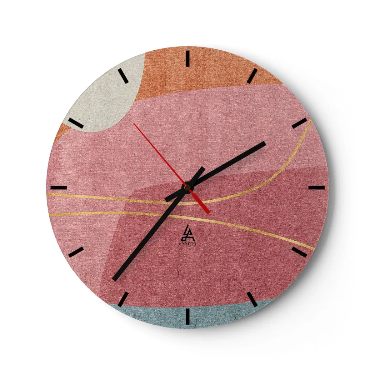 Wanduhr - Glasuhr - Pastellfarbene Formen mit rosa und goldenen Linien auf dem Hintergrund - 30x30cm - Pastellkomposition mit Goldfaden - Moderne Wanddekoration für Wohnzimmer, Küche und Schlafzimmer ARTTOR