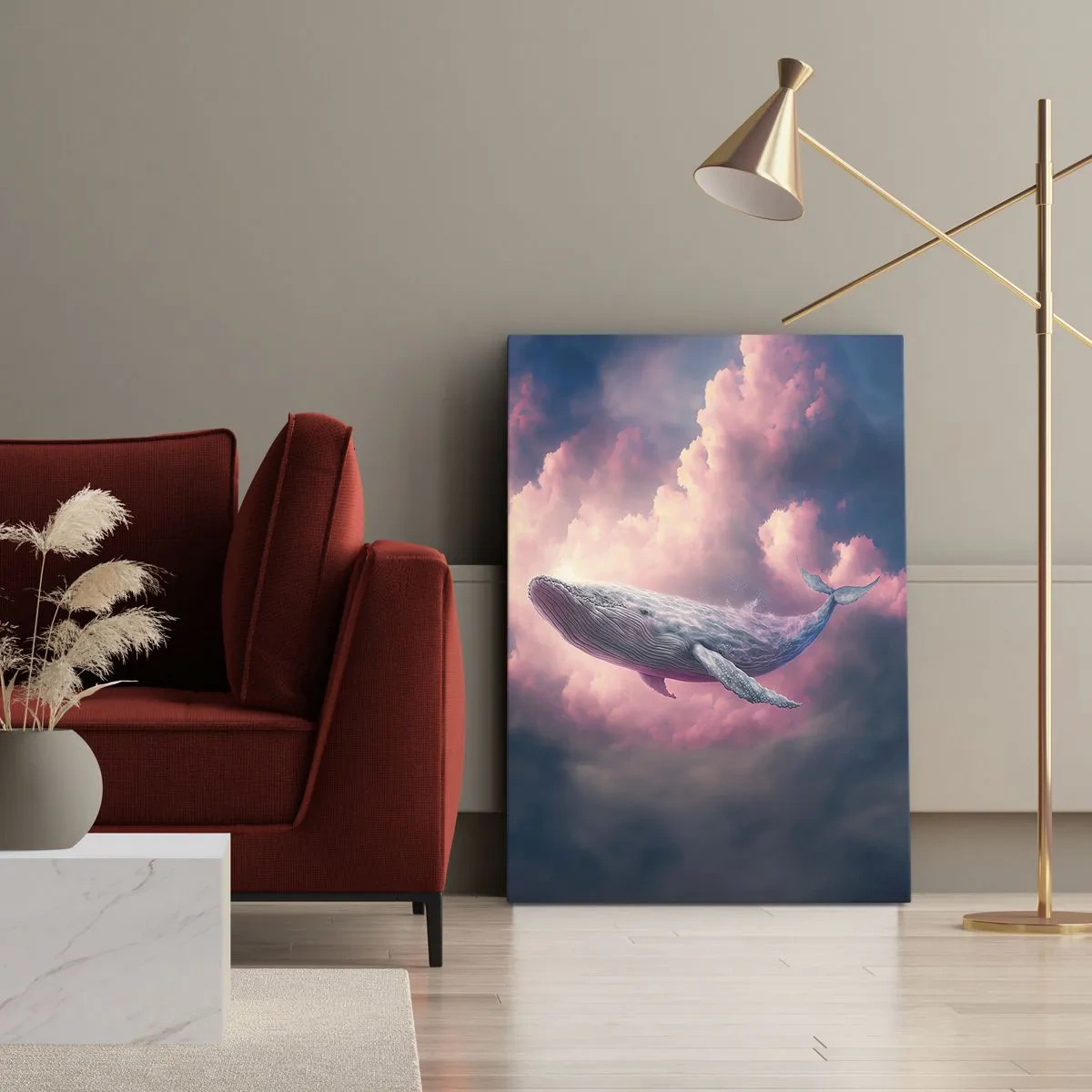 Bild auf Leinwand - Leinwandbild - Ein Wal, der bei Sonnenuntergang in den Wolken schwebt - 50x70cm - Reibe deine Augen - Moderne Wanddekoration für Wohnzimmer und Schlafzimmer ARTTOR
