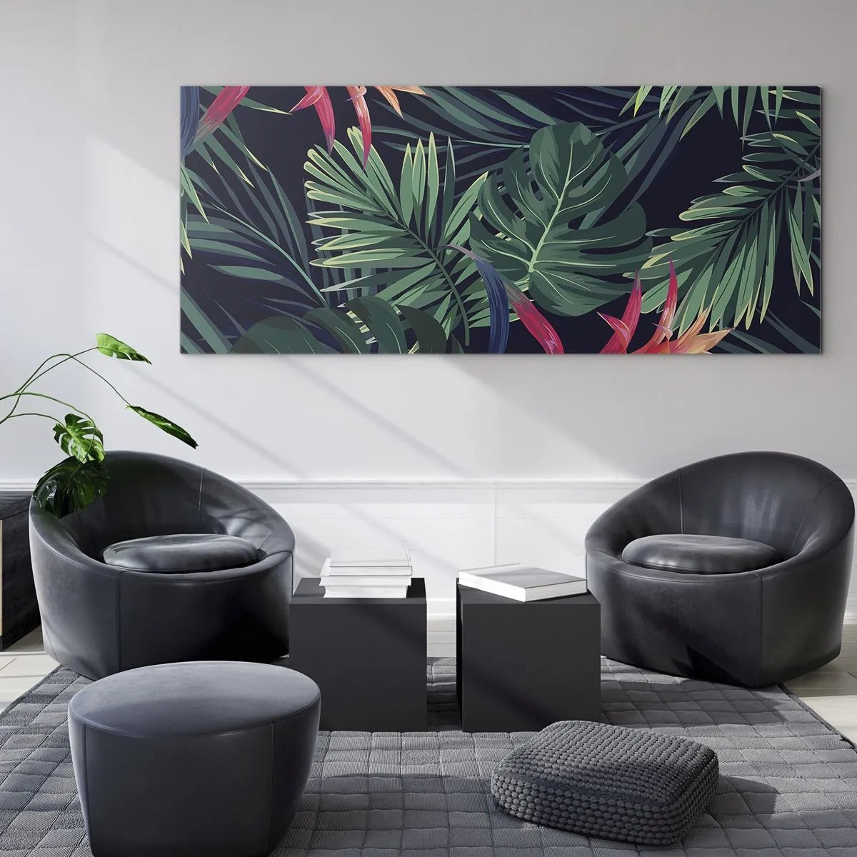 Glasbild - Bild auf glas - Tropische Blätter und Blüten auf dunklem Hintergrund - 140x50cm - Im Grünen in Flammen gehen - Moderne Wanddekoration für Wohnzimmer und Schlafzimmer ARTTOR