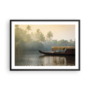 Poster in einem schwarzem Rahmen - Ein traditionelles Boot auf einem ruhigen Fluss zwischen Palmen - 70x50cm - Haus am Fluss - Moderne Wanddekoration für Wohnzimmer und Schlafzimmer ARTTOR