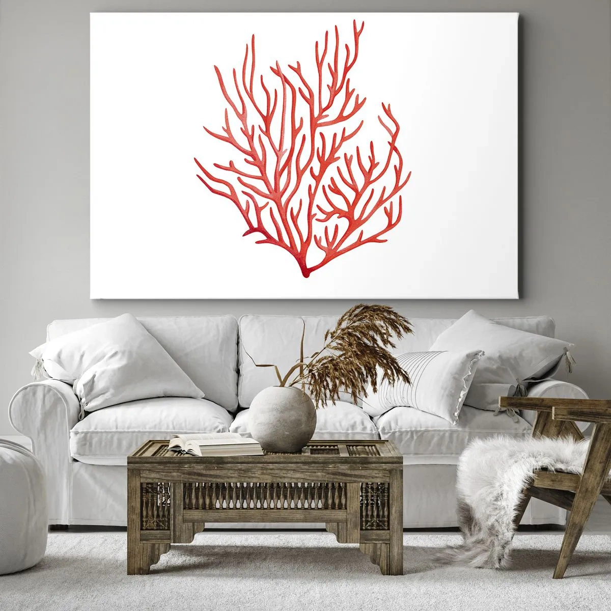 Bild auf Leinwand - Leinwandbild - Rote Koralle auf weißem Hintergrund im minimalistischen Stil - 120x80cm - Korallenfiligran - Moderne Wanddekoration für Wohnzimmer und Schlafzimmer ARTTOR