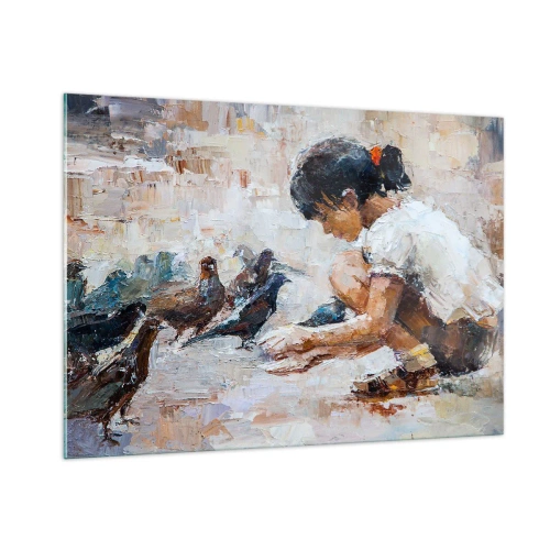 Glasbild - Bild auf glas - Ein Mädchen, das Vögel füttert, vor einem impressionistischen Hintergrund - 100x70cm - Die Kleinen und die Schönsten - Moderne Wanddekoration für Wohnzimmer und Schlafzimmer ARTTOR