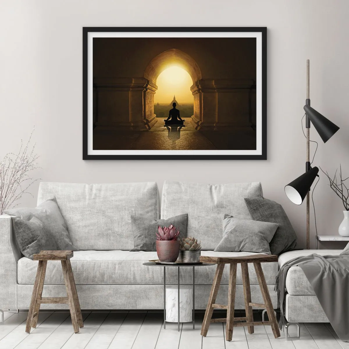 Poster in einem schwarzem Rahmen - Silhouette einer meditierenden Person im Licht der untergehenden Sonne - 70x50cm - Vollkommene Harmonie - Moderne Wanddekoration für Wohnzimmer und Schlafzimmer ARTTOR