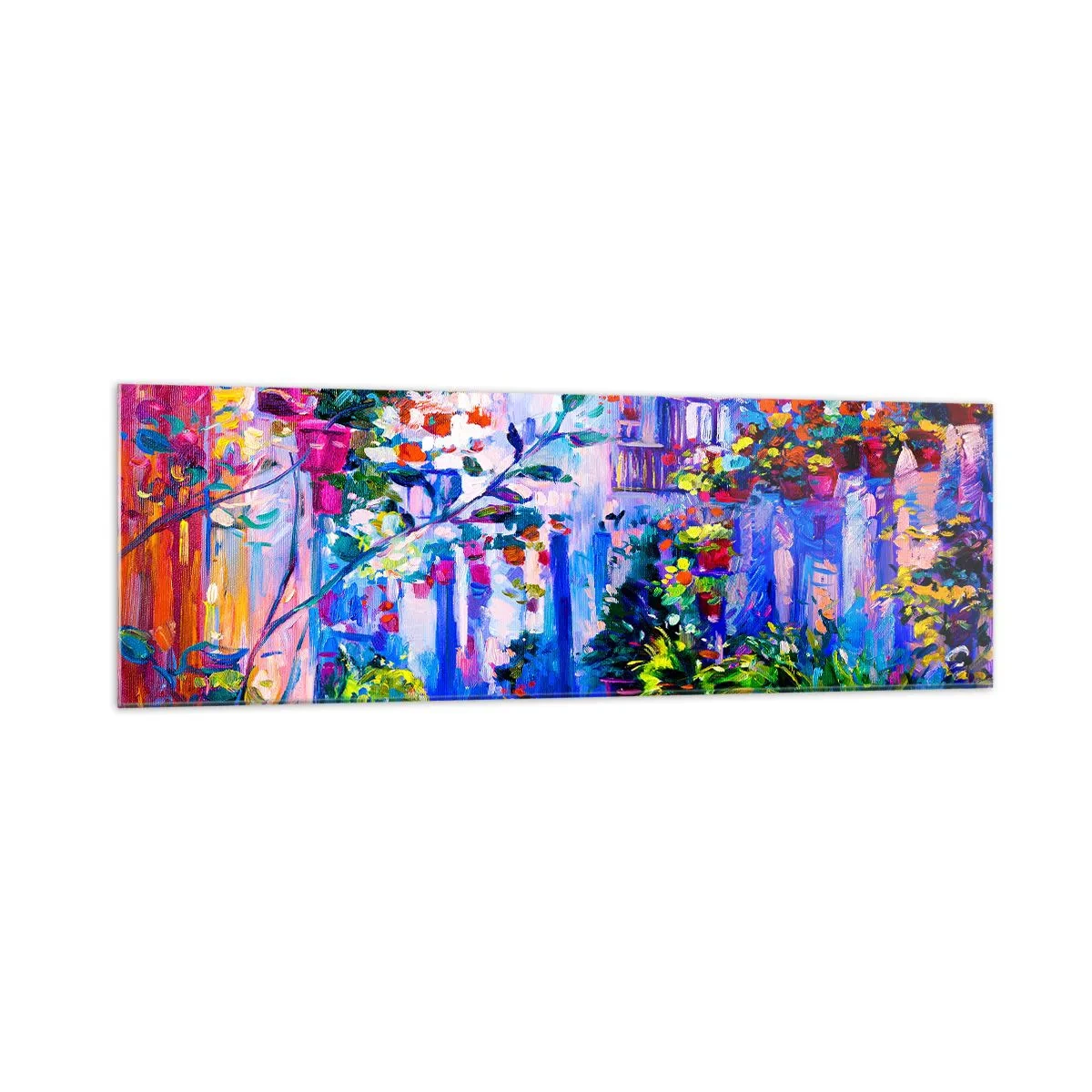 Glasbild - Bild auf glas - Eine bunte Straße voller Blumen - 160x50cm - Impresja - eine italienische Straße - Moderne Wanddekoration für Wohnzimmer und Schlafzimmer ARTTOR