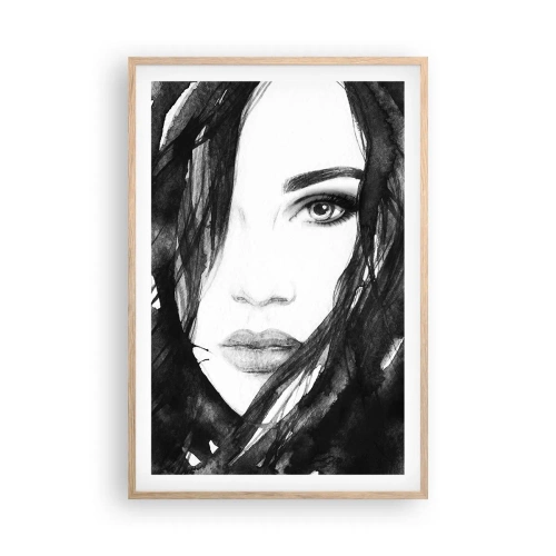 Poster in einem Rahmen aus heller Eiche - Porträt einer Dame in Schwarzweiß - 61x91 cm