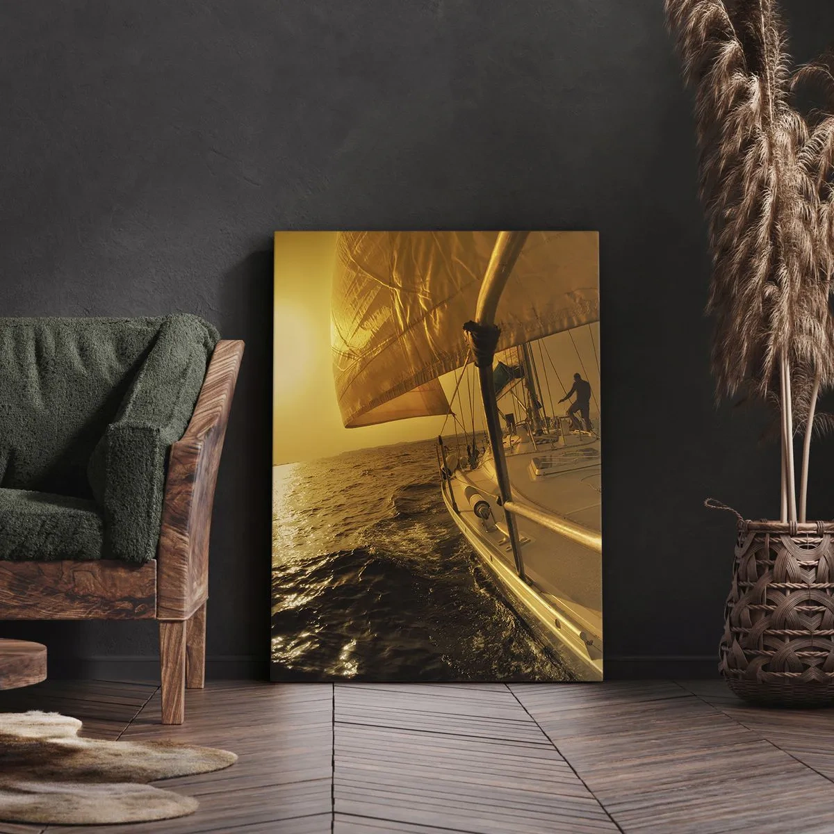 Bild auf Leinwand - Leinwandbild - Segelboot auf See bei Sonnenuntergang, goldener Schein. - 50x70cm - Ein goldener Abend nach einem bunten Tag - Moderne Wanddekoration für Wohnzimmer und Schlafzimmer ARTTOR