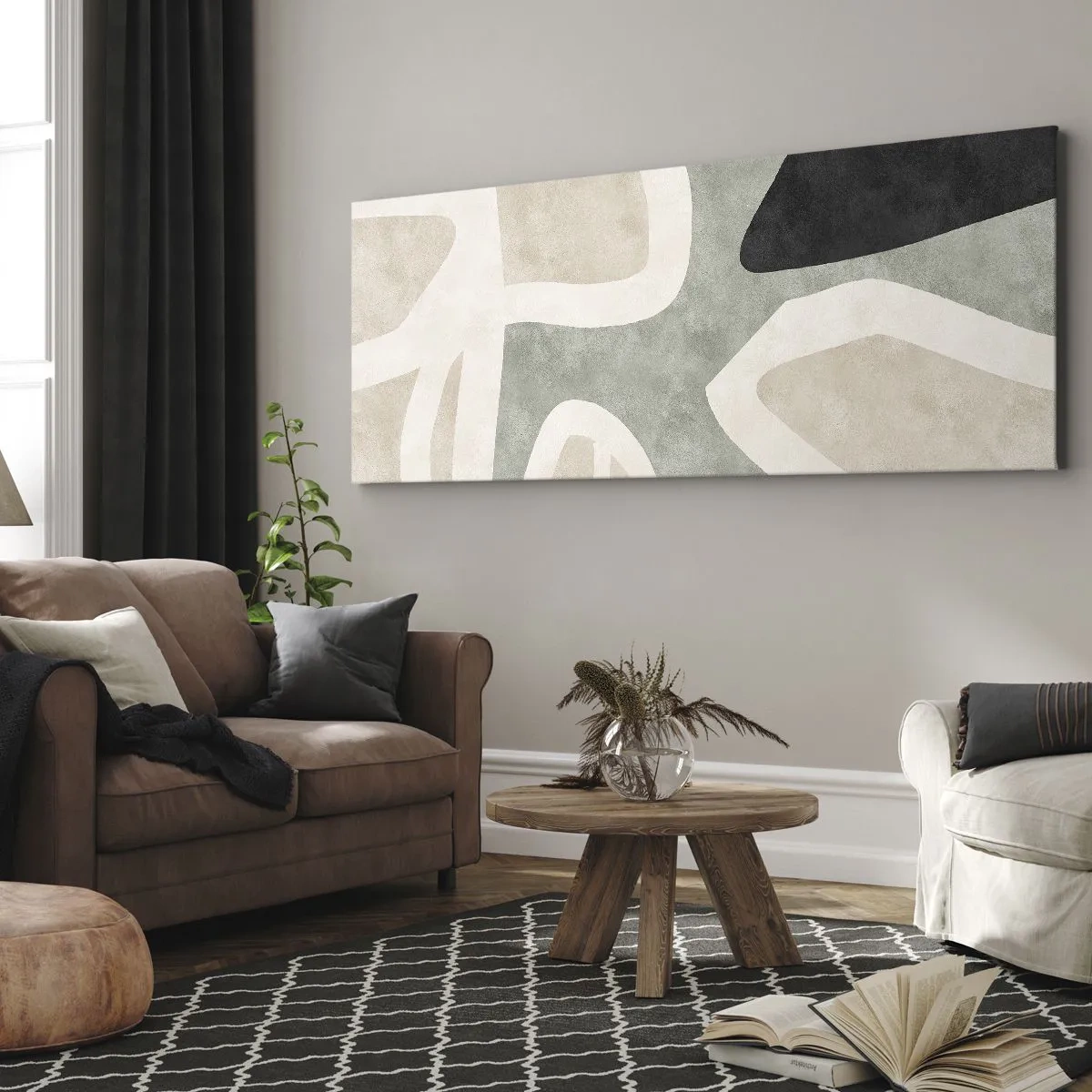 Bild auf Leinwand - Leinwandbild - Abstrakte Formen in gedämpften Farben - 140x50cm - Komposition mit schwarzem Motiv - Moderne Wanddekoration für Wohnzimmer und Schlafzimmer ARTTOR