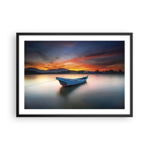 Poster in einem schwarzem Rahmen - Ein Boot auf dem Wasser während eines malerischen Sonnenuntergangs - 70x50cm - Eine gute Nacht kommt - Moderne Wanddekoration für Wohnzimmer und Schlafzimmer ARTTOR