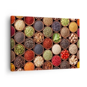Bild auf Leinwand - Leinwandbild - Bunte Gewürze in runden Behältern - 70x50cm - Alle Aromen der Welt - Moderne Wanddekoration für Wohnzimmer und Schlafzimmer ARTTOR