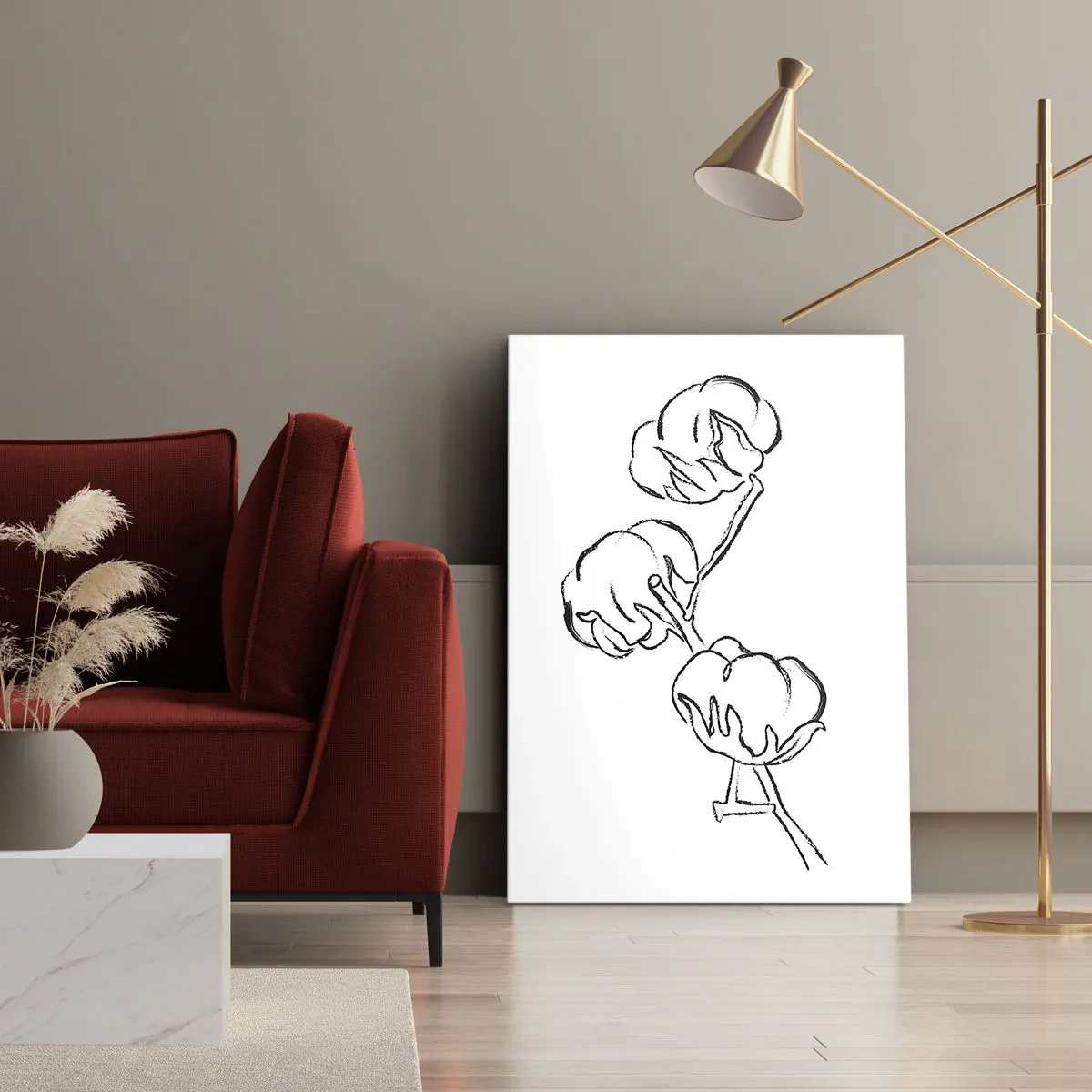 Bild auf Leinwand - Leinwandbild - Ein zarter Umriss eines Baumwollzweigs auf weißem Hintergrund - 50x70cm - Baumwolldaunen - Moderne Wanddekoration für Wohnzimmer und Schlafzimmer ARTTOR