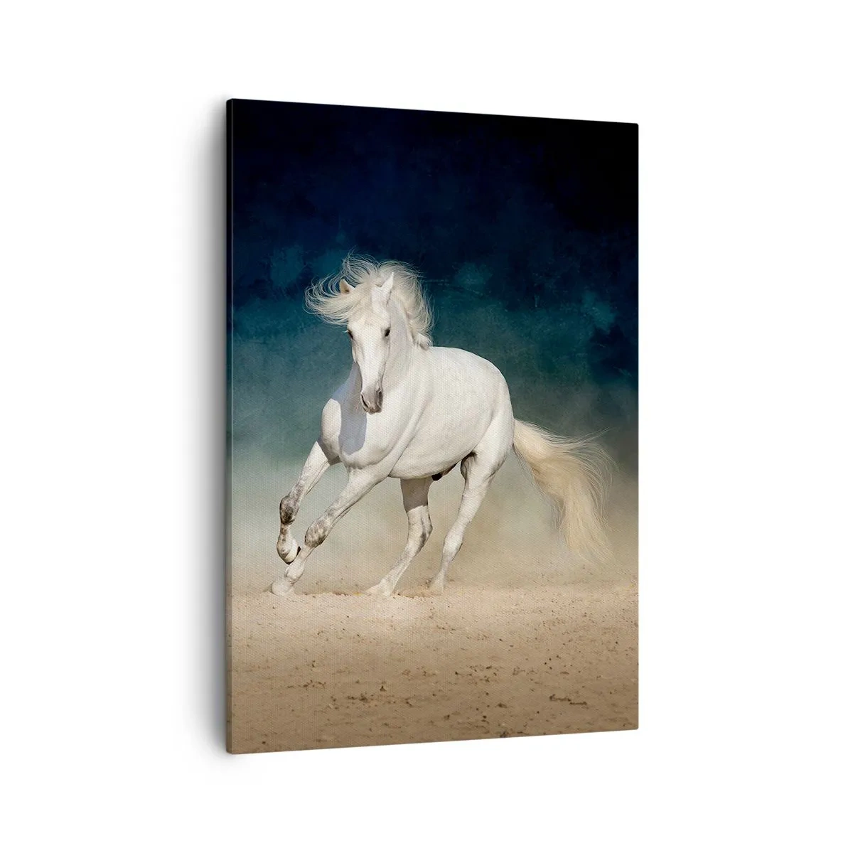 Bild auf Leinwand - Leinwandbild - Ein weißes Pferd galoppiert vor einem verschwommenen Himmel - 50x70cm - Freiheit in ihrem reinen Zustand - Moderne Wanddekoration für Wohnzimmer und Schlafzimmer ARTTOR