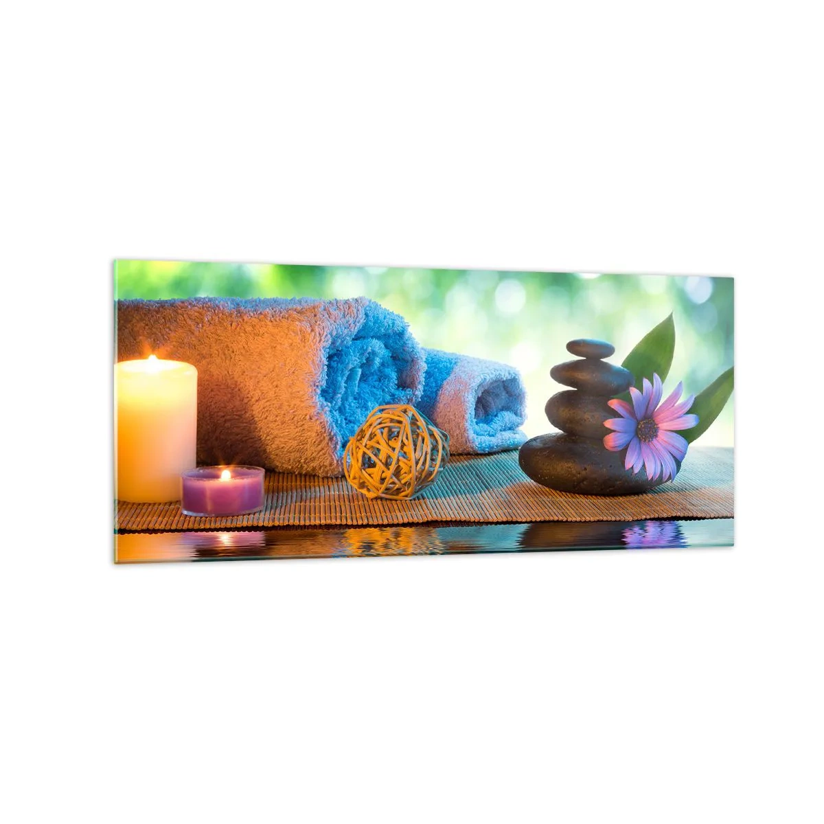 Glasbild - Bild auf glas - Entspannendes SPA-Set mit Handtüchern, Kerzen und Steinen - 120x50cm - Zeit für den Körper - Moderne Wanddekoration für Wohnzimmer und Schlafzimmer ARTTOR