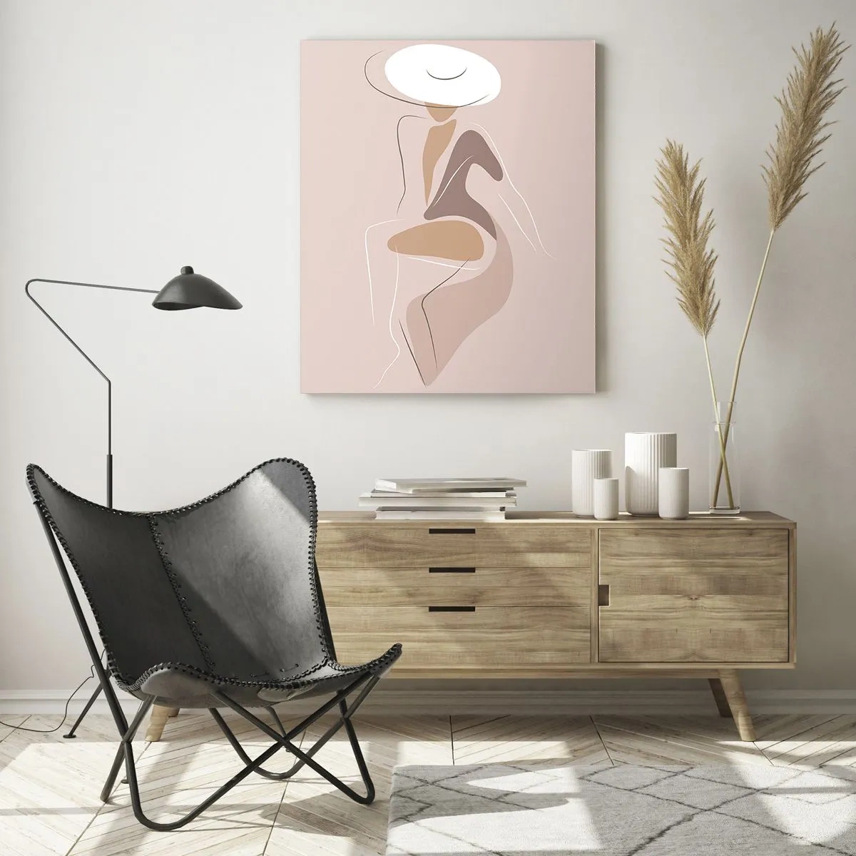 Glasbild - Bild auf glas - Minimalistische Silhouette einer Frau mit Hut - 80x120cm - Eine Dame sein - Moderne Wanddekoration für Wohnzimmer und Schlafzimmer ARTTOR