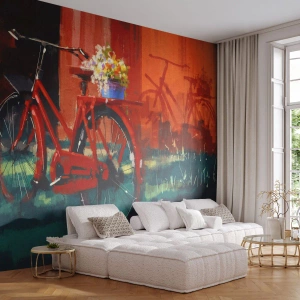 Fototapete Premium Sand - Ein rotes Fahrrad mit einem Blumenkorb vor einer Backsteinmauer. - 100x70cm - Ich möchte mit meinem Fahrrad fahren - Moderne Wanddekoration für Wohnzimmer und Schlafzimmer ARTTOR