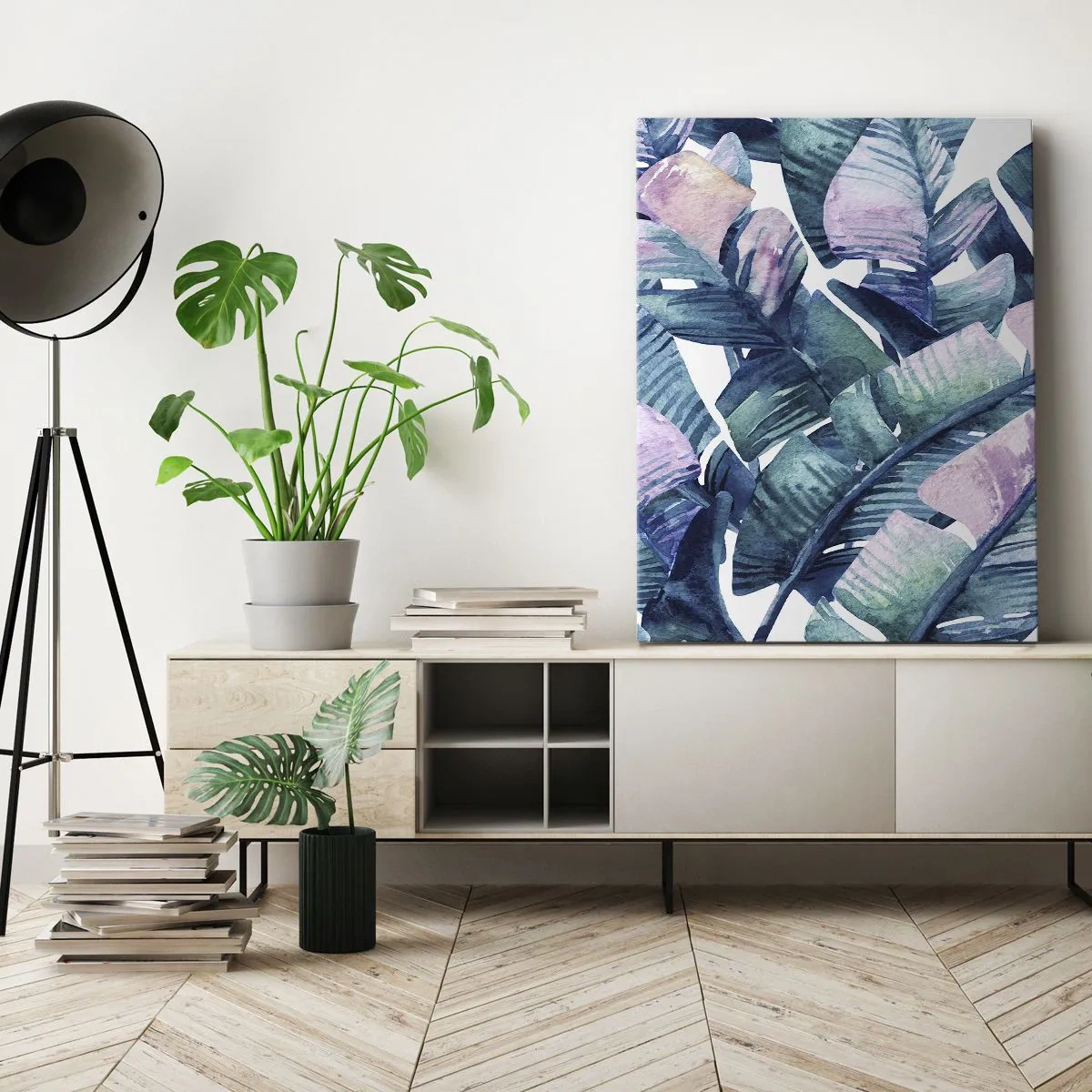 Bild auf Leinwand - Leinwandbild - Bananenblätter in Blau- und Rosatönen - 50x70cm - In einem Bananenhain - Moderne Wanddekoration für Wohnzimmer und Schlafzimmer ARTTOR