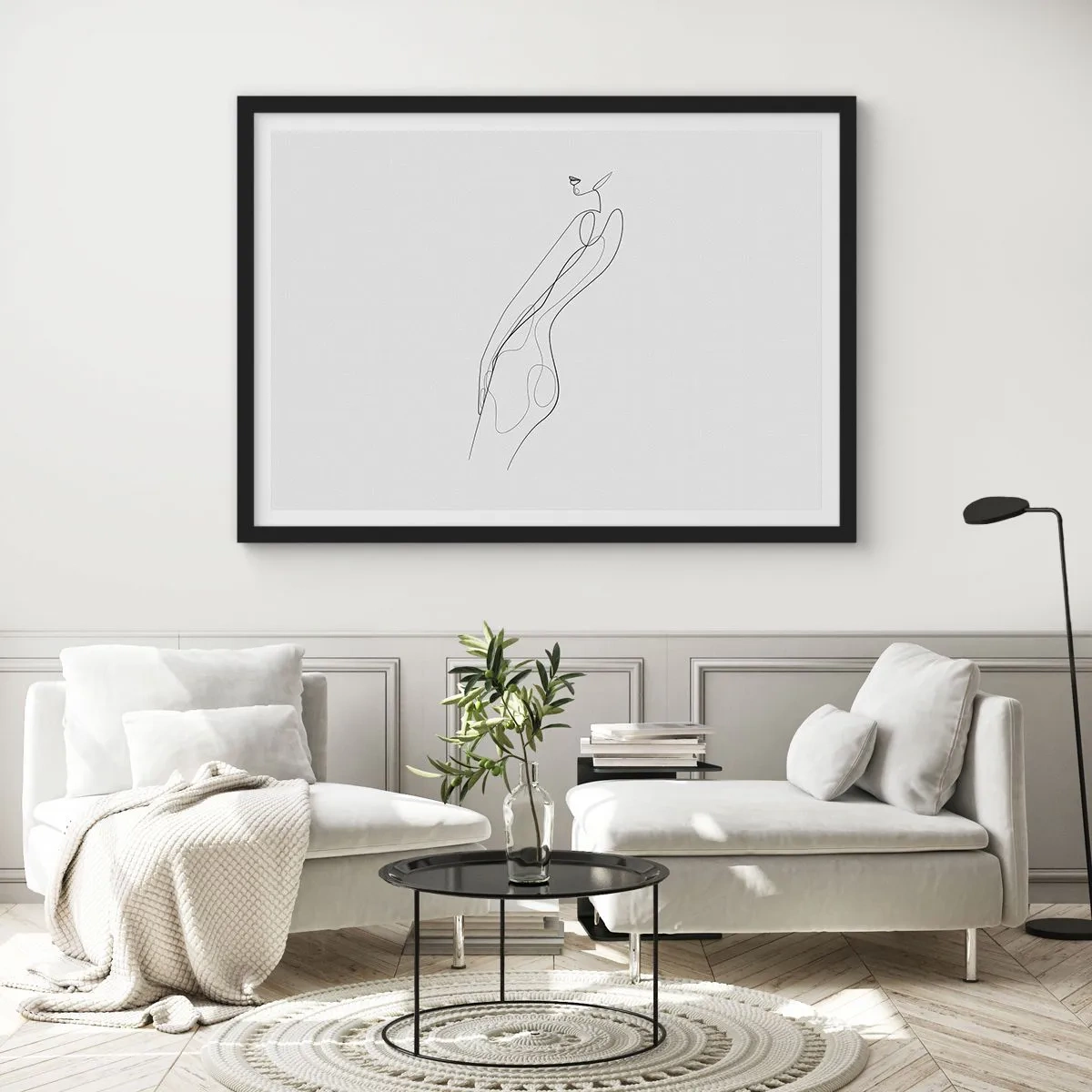 Poster in einem schwarzem Rahmen - Eine minimalistische Linie, die eine Silhouette vor einem hellen Hintergrund zeigt - 70x50cm - Bloß ein Versprechen - Moderne Wanddekoration für Wohnzimmer und Schlafzimmer ARTTOR
