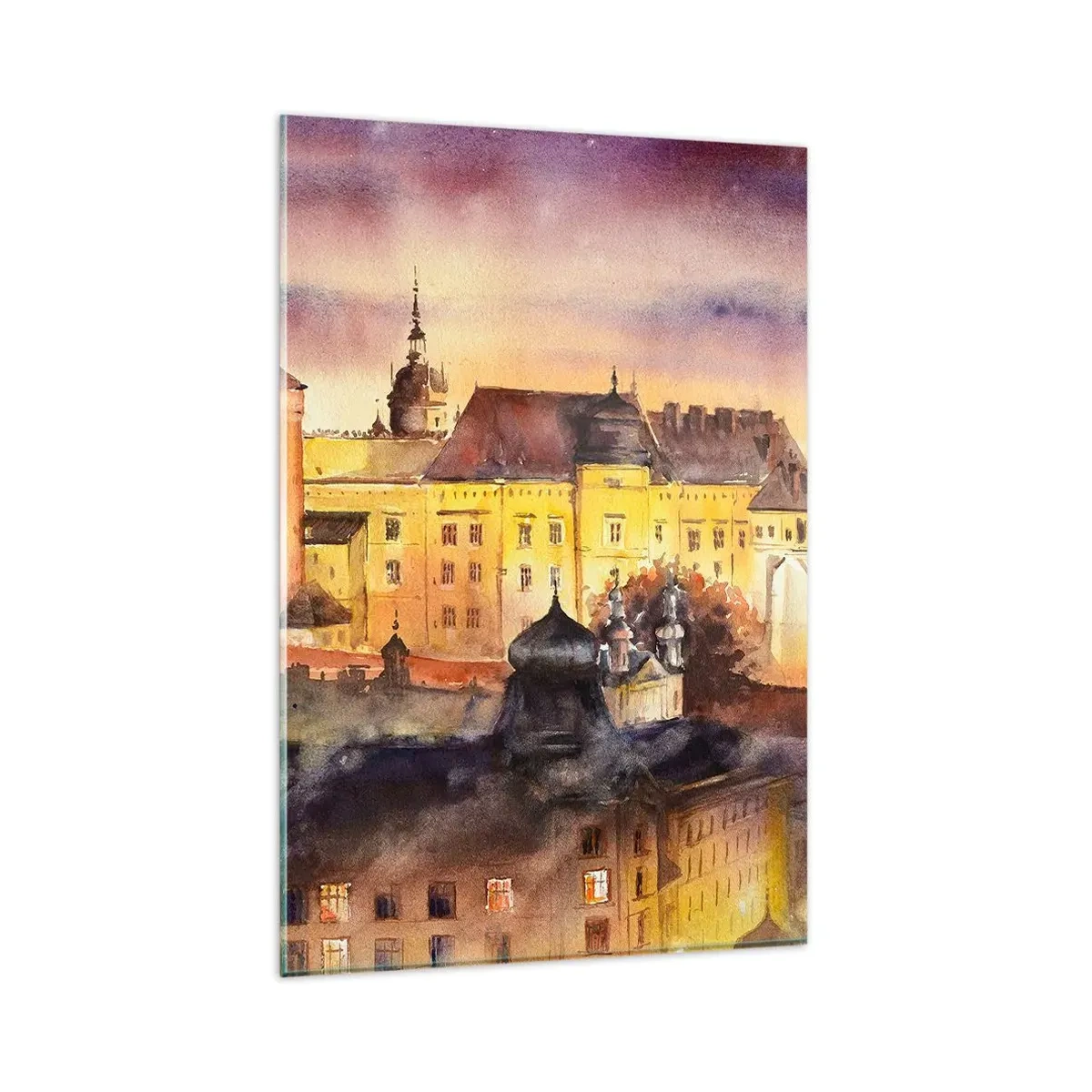 Glasbild - Bild auf glas - Ein malerisches Aquarell einer Burg bei Sonnenuntergang - 80x120cm - Geschichte und Märchen - Moderne Wanddekoration für Wohnzimmer und Schlafzimmer ARTTOR