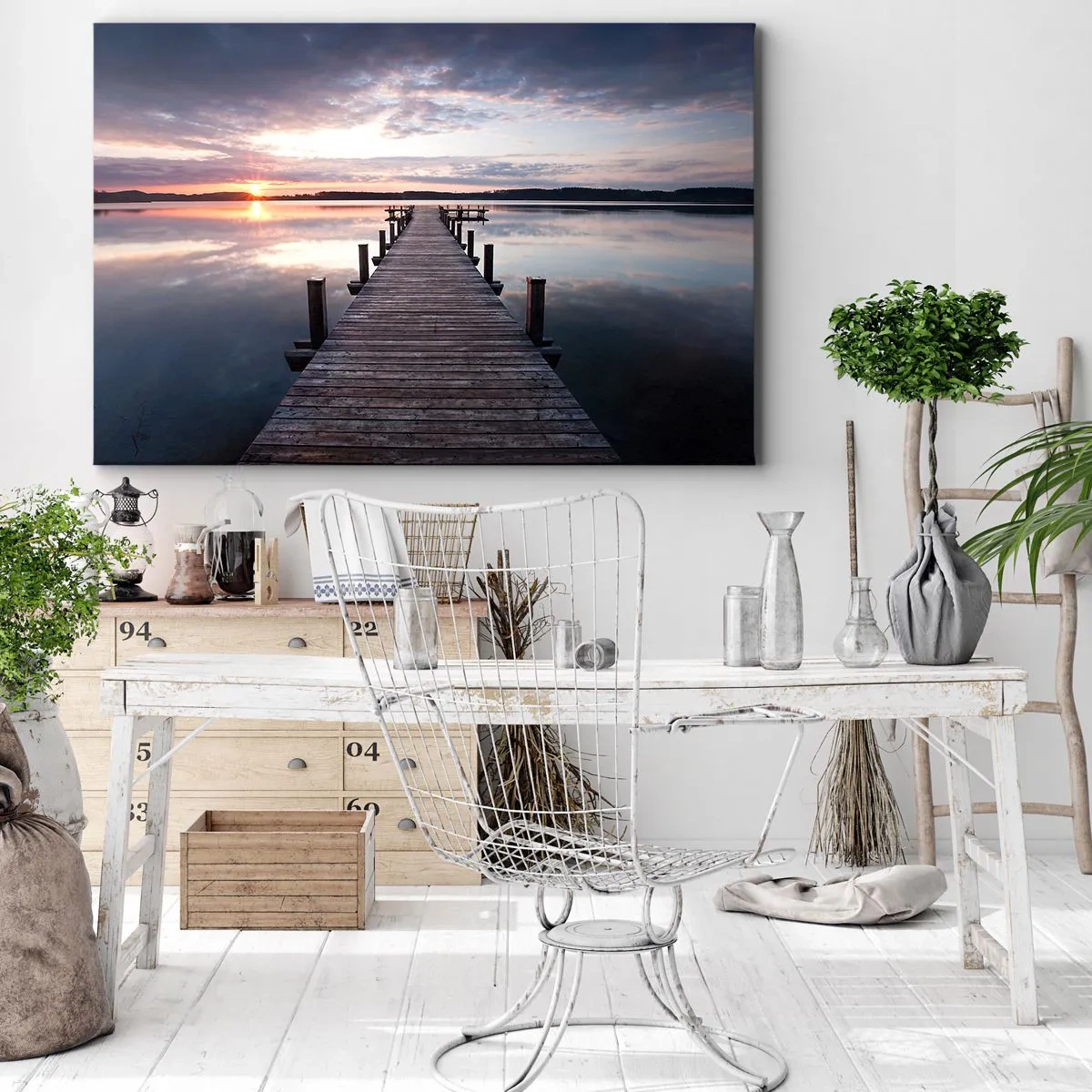 Bild auf Leinwand - Leinwandbild - Ein Pier an einem See bei Sonnenuntergang in einer friedlichen Landschaft - 120x80cm - Eine stille Grenze zwischen Tag und Nacht - Moderne Wanddekoration für Wohnzimmer und Schlafzimmer ARTTOR