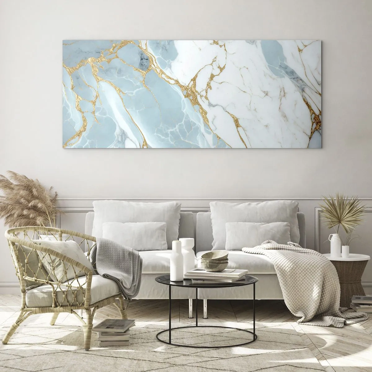 Glasbild - Bild auf glas - Blaue und weiße Marmormuster mit zusätzlichen goldenen Adern - 160x50cm - Reichtum des Steins - Moderne Wanddekoration für Wohnzimmer und Schlafzimmer ARTTOR