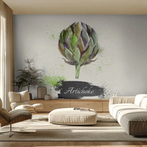 Fototapete Standard Eco - Aquarell-Artischocke mit dem Wort „Artischocke“ auf hellem Hintergrund. - 100x70cm - Eviva-Gemüse! - Moderne Wanddekoration für Wohnzimmer und Schlafzimmer ARTTOR