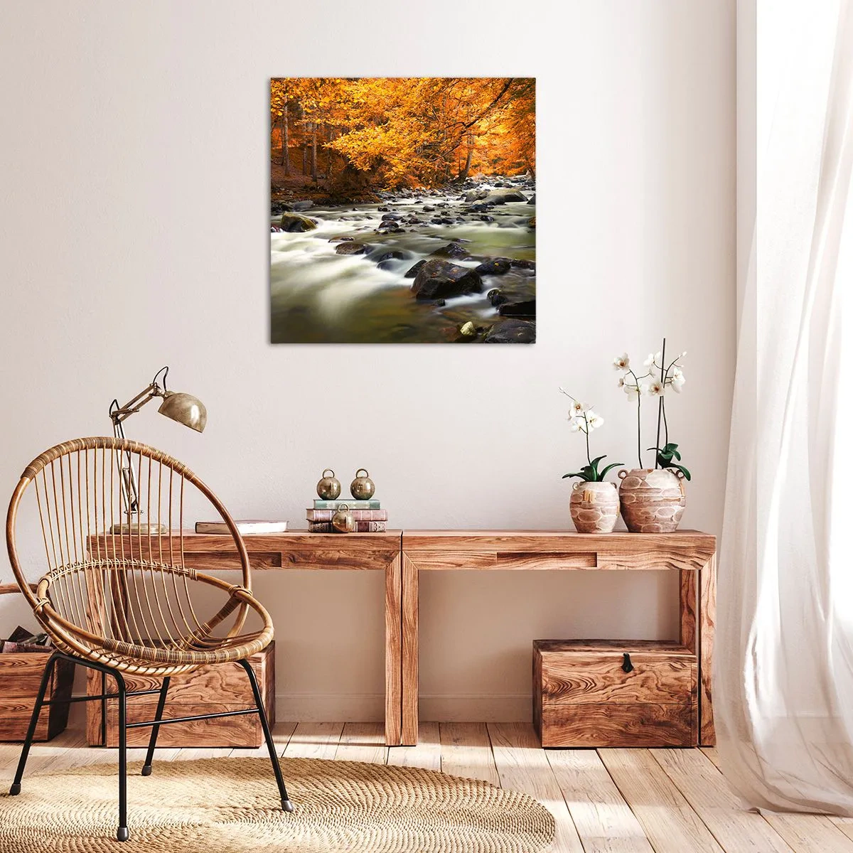 Bild auf Leinwand - Leinwandbild - Ein Bach in einem goldenen Wald - 40x40 cm