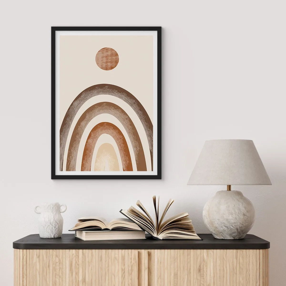 Poster in einem schwarzem Rahmen - Abstraktes Motiv aus Bögen und Sonne in Erdtönen - 50x70cm - In einer weit entfernten Galaxie - Moderne Wanddekoration für Wohnzimmer und Schlafzimmer ARTTOR