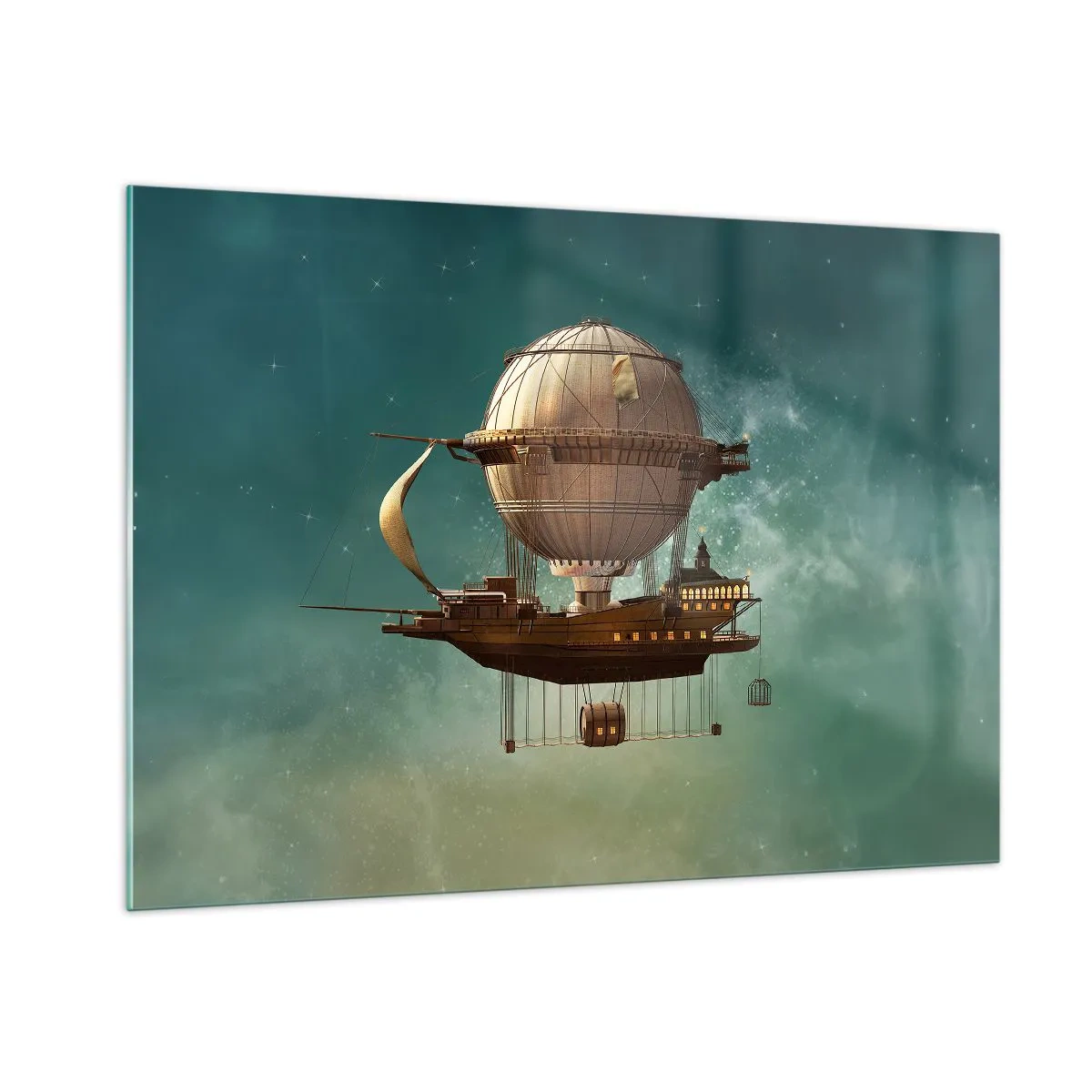 Glasbild - Bild auf glas - Ein fliegendes Luftschiff mit einem Haus im Retro-Stil am Himmel - 100x70cm - Jules Verne sagt Hallo - Moderne Wanddekoration für Wohnzimmer und Schlafzimmer ARTTOR