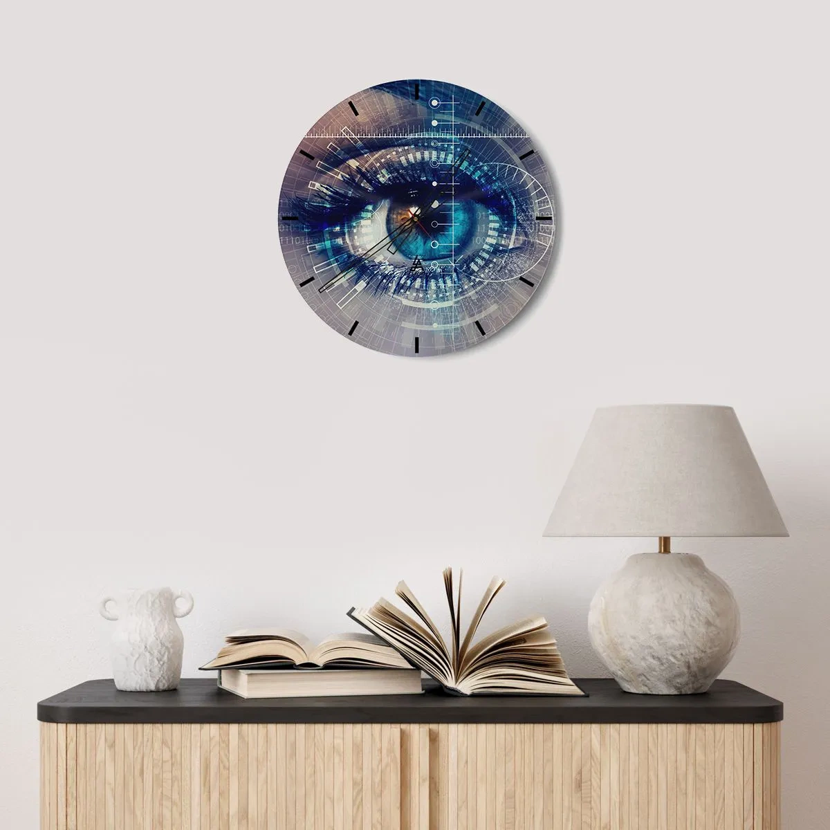 Wanduhr - Glasuhr - Ein Auge umgeben von digitalen Grafiken - 30x30cm - Du denkst du kennst mich - Moderne Wanddekoration für Wohnzimmer, Küche und Schlafzimmer ARTTOR