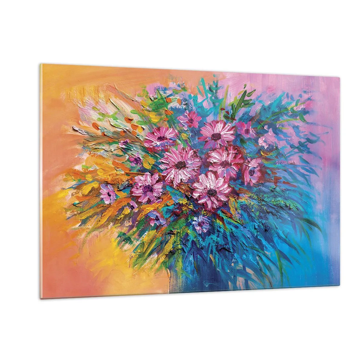 Glasbild - Bild auf glas - Ein Strauß rosa Blumen in einer kunstvollen, farbenfrohen Komposition - 120x80cm - Lebensenergie - Moderne Wanddekoration für Wohnzimmer und Schlafzimmer ARTTOR