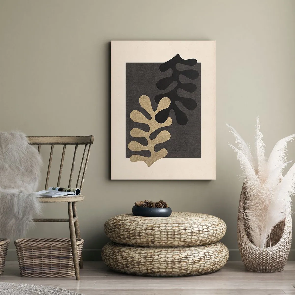 Bild auf Leinwand - Leinwandbild - Abstrakte Blätter in Schwarz und Beige auf rechteckigem Hintergrund - 50x70cm - Abwesenheit und Ergänzung - Moderne Wanddekoration für Wohnzimmer und Schlafzimmer ARTTOR
