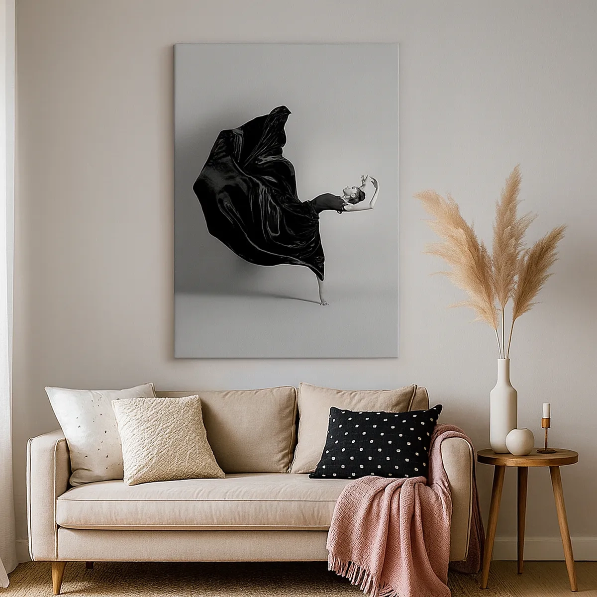 Bild auf Leinwand - Leinwandbild - Eine elegante Tänzerin in einem schwarzen Kleid in Bewegung - 50x70cm - Beflügelt durch die Musik - Moderne Wanddekoration für Wohnzimmer und Schlafzimmer ARTTOR