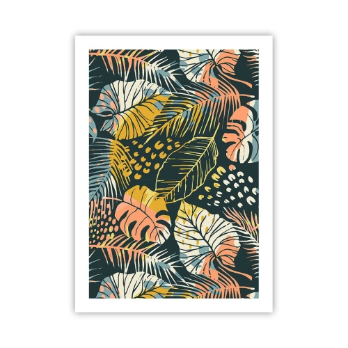 Poster - Ein farbenfrohes tropisches Blattmuster in Grün-, Gelb- und Rosatönen. - 50x70cm - Grüne Fantasie - Moderne Wanddekoration für Wohnzimmer und Schlafzimmer ARTTOR