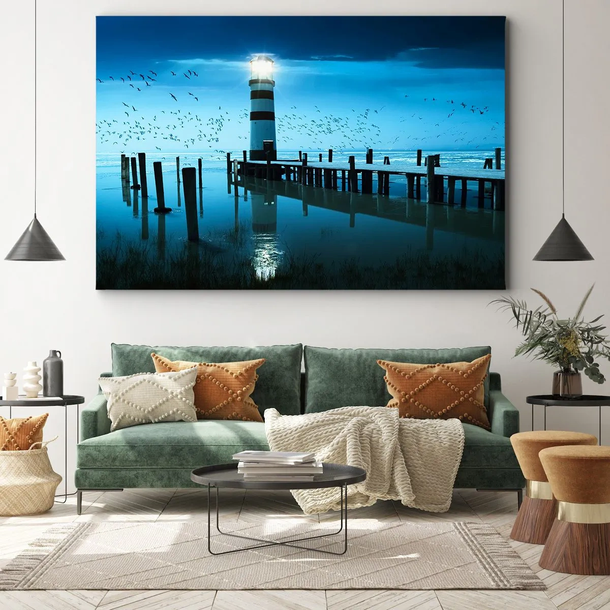 Bild auf Leinwand - Leinwandbild - Der Leuchtturm am Pier beleuchtet in der Nacht - 120x80cm - Und du hast keine Angst vor der Dunkelheit - Moderne Wanddekoration für Wohnzimmer und Schlafzimmer ARTTOR