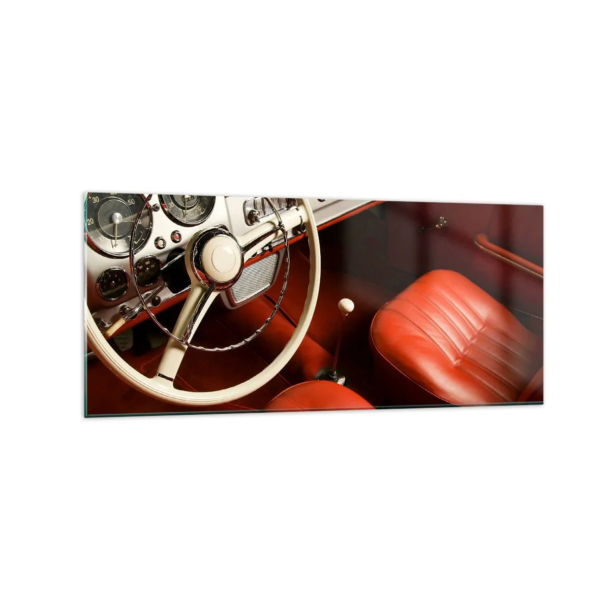 Glasbild - Bild auf glas - Oldtimer-Innenraum mit roten Ledersitzen - 120x50cm - Luxus im Vintagestil - Moderne Wanddekoration für Wohnzimmer und Schlafzimmer ARTTOR
