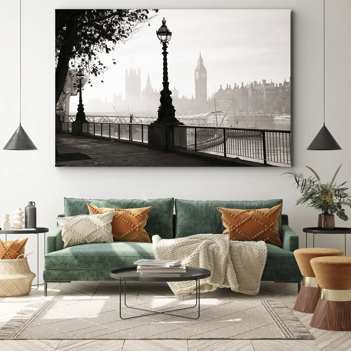 Bild auf Leinwand - Leinwandbild - Eine monochrome Ansicht von Big Ben und der Themse. - 120x80cm - Londoner Morgen - Moderne Wanddekoration für Wohnzimmer und Schlafzimmer ARTTOR