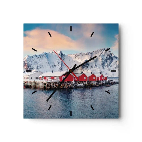 Wanduhr - Glasuhr - Rote Häuser vor dem Hintergrund schneebedeckter Berge und des blauen Meeres - 30x30cm - Nördlicher Rückzug - Moderne Wanddekoration für Wohnzimmer und Schlafzimmer ARTTOR