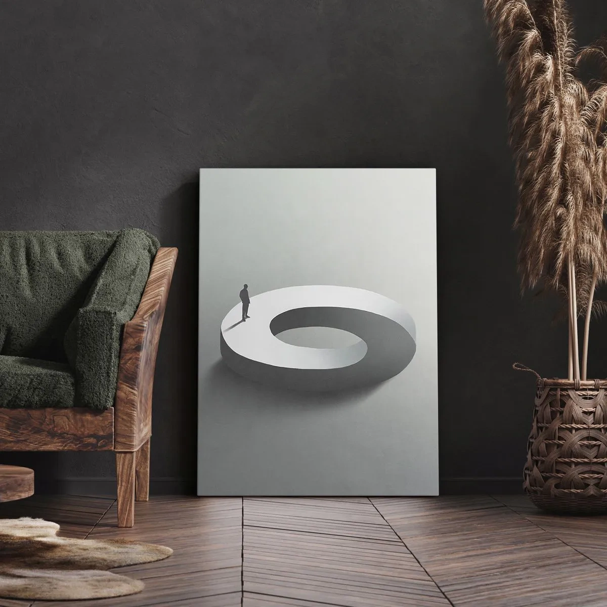 Bild auf Leinwand - Leinwandbild - Ein Mann auf einer grauen, abstrakten Struktur - 50x70cm - Und wie soll man davon klug werden - Moderne Wanddekoration für Wohnzimmer und Schlafzimmer ARTTOR
