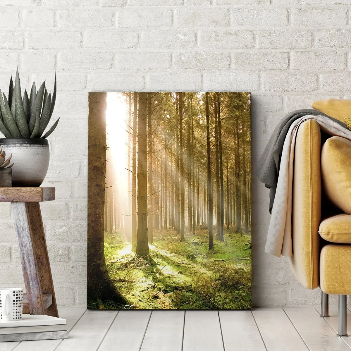 Bild auf Leinwand - Leinwandbild - Nadelwald mit Sonnenstrahlen, die durch die Bäume scheinen - 50x70cm - Die Elfen werden bald erscheinen - Moderne Wanddekoration für Wohnzimmer und Schlafzimmer ARTTOR