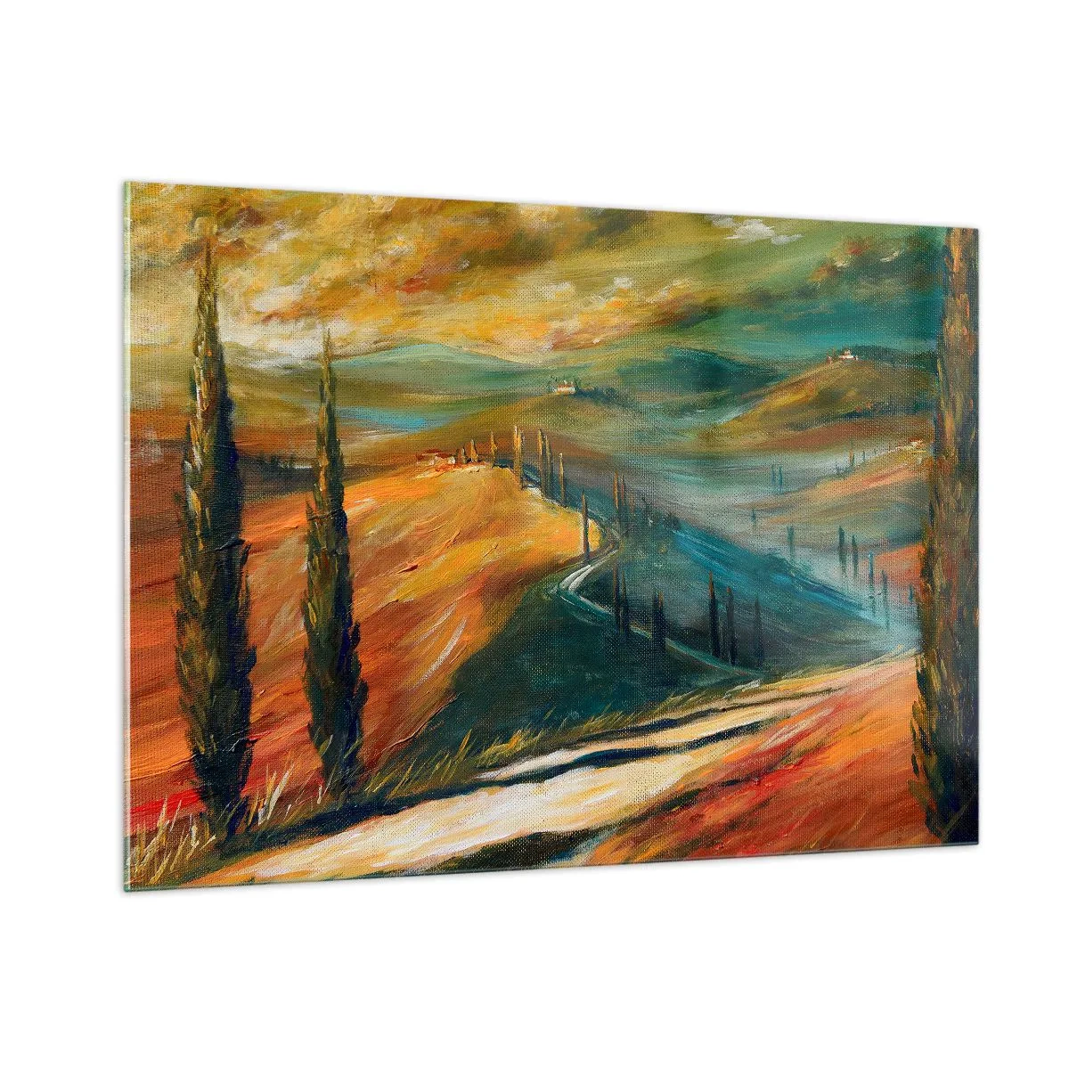 Glasbild - Bild auf glas - Sonnenuntergang über einem toskanischen Hügel - 100x70cm - Toskanische Landschaft - Moderne Wanddekoration für Wohnzimmer und Schlafzimmer ARTTOR